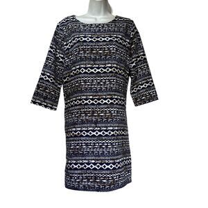 Everly Blue Brown Geometric Print Long Sleeve Sheath Dress Size L